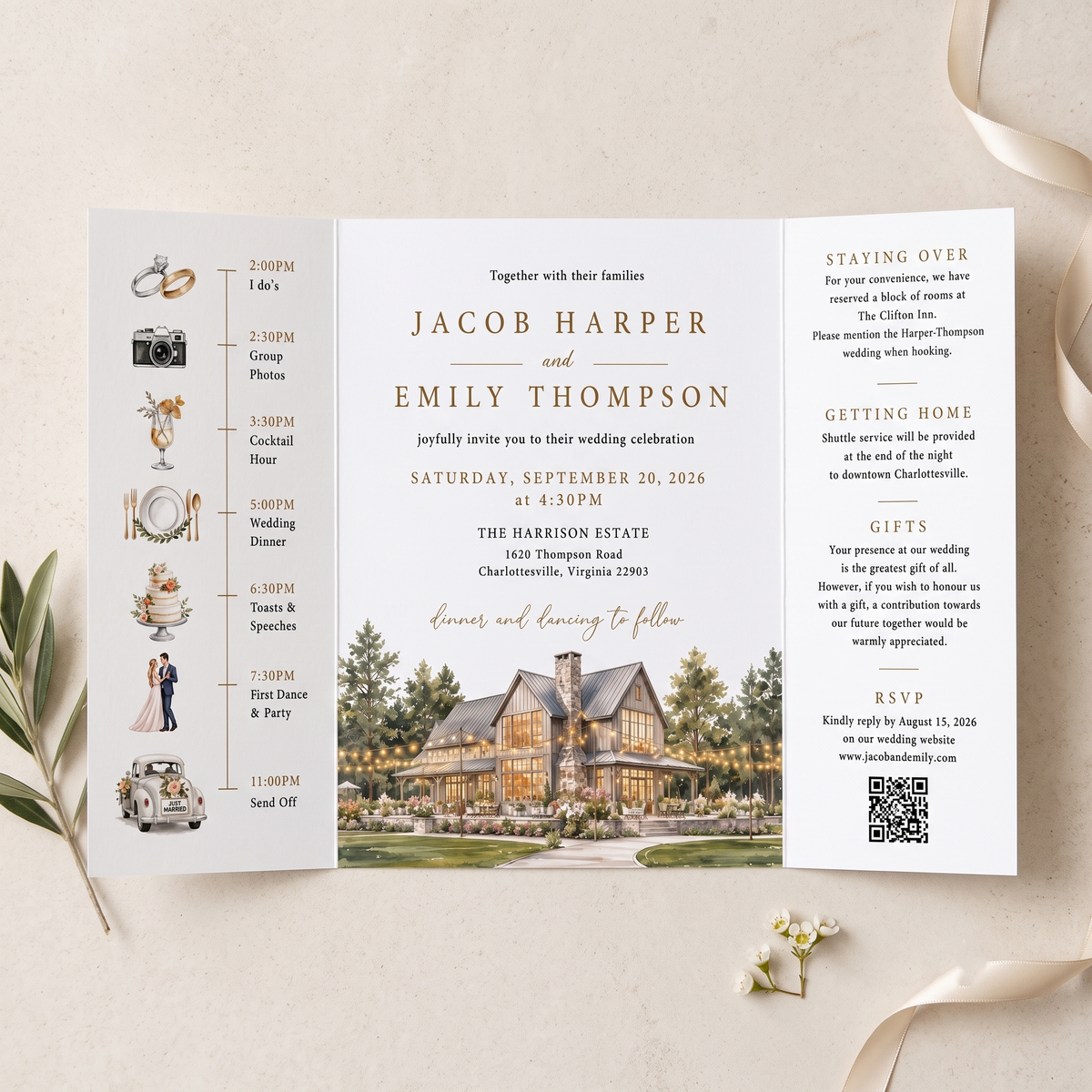 Personalized Rustic Barn Wedding Invitations, Watercolor Venue Illustration, Elegant Farmhouse Wedding Invitation Suite, Custom RSVP & Details Card