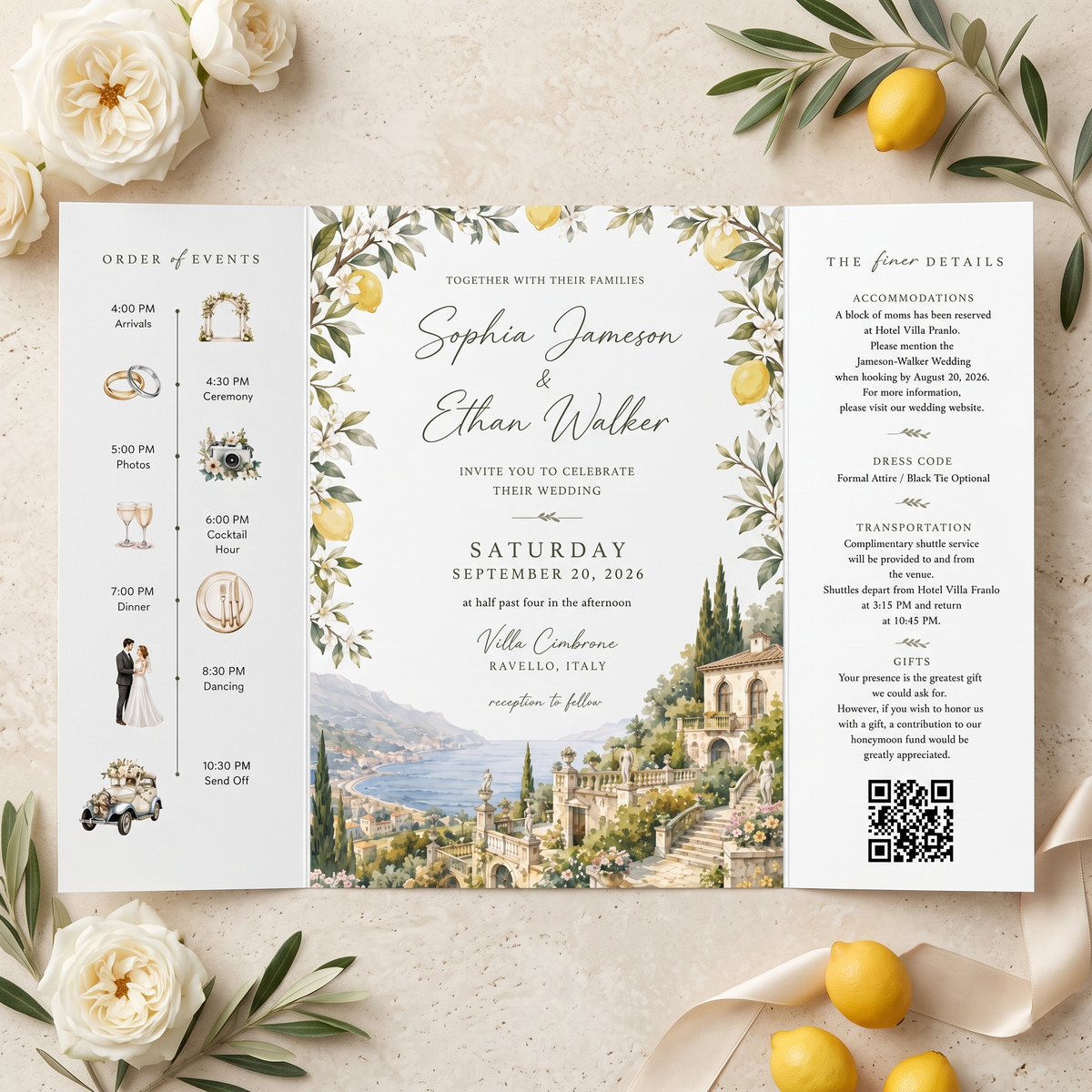 Custom Italian Wedding Invitations, Amalfi Coast Venue Illustration, Lemon Floral Wedding Invitation Suite, Luxury Personalized Stationery