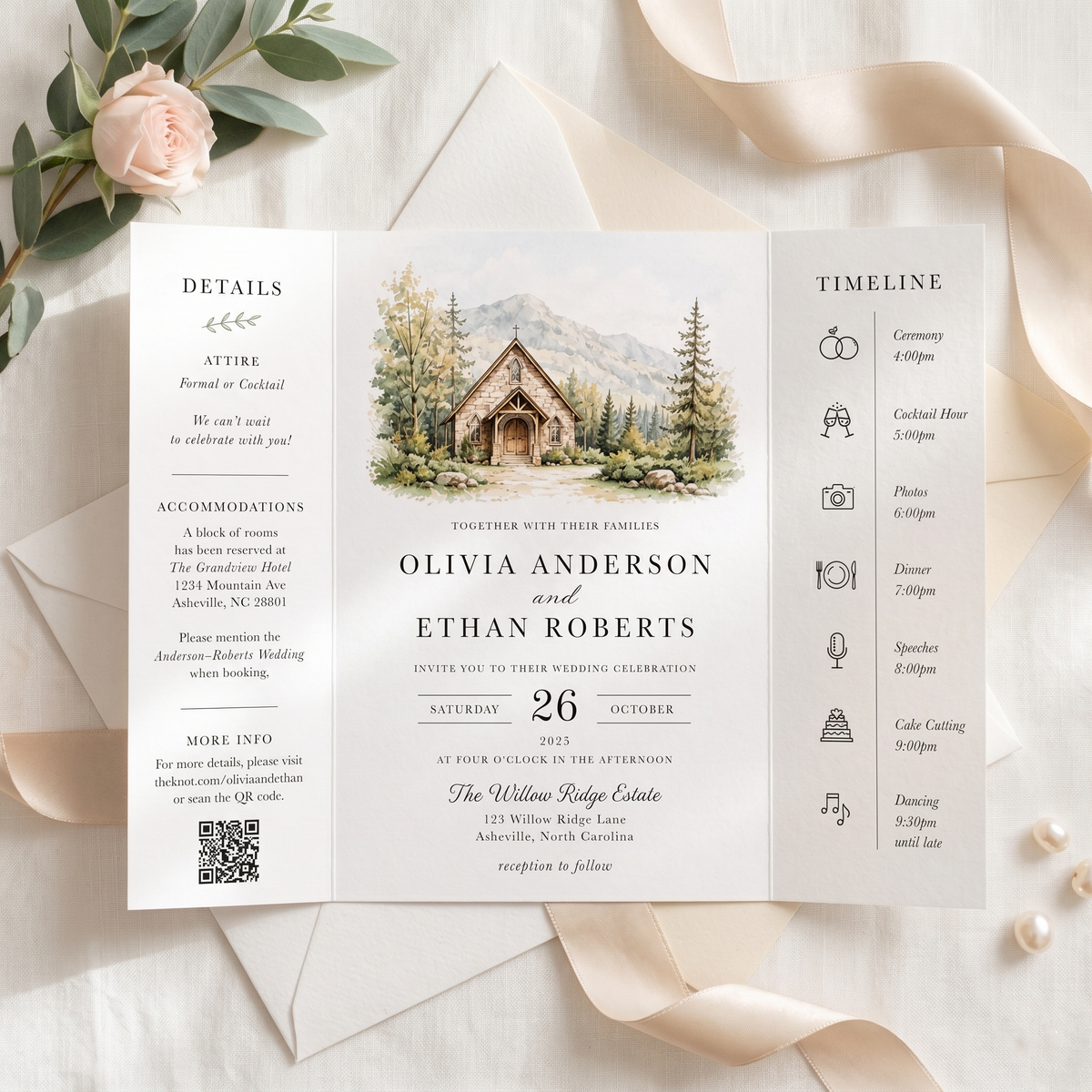 Personalized Wedding Invitation, Custom Venue Watercolor Illustration, Rustic Wedding Invitation Suite