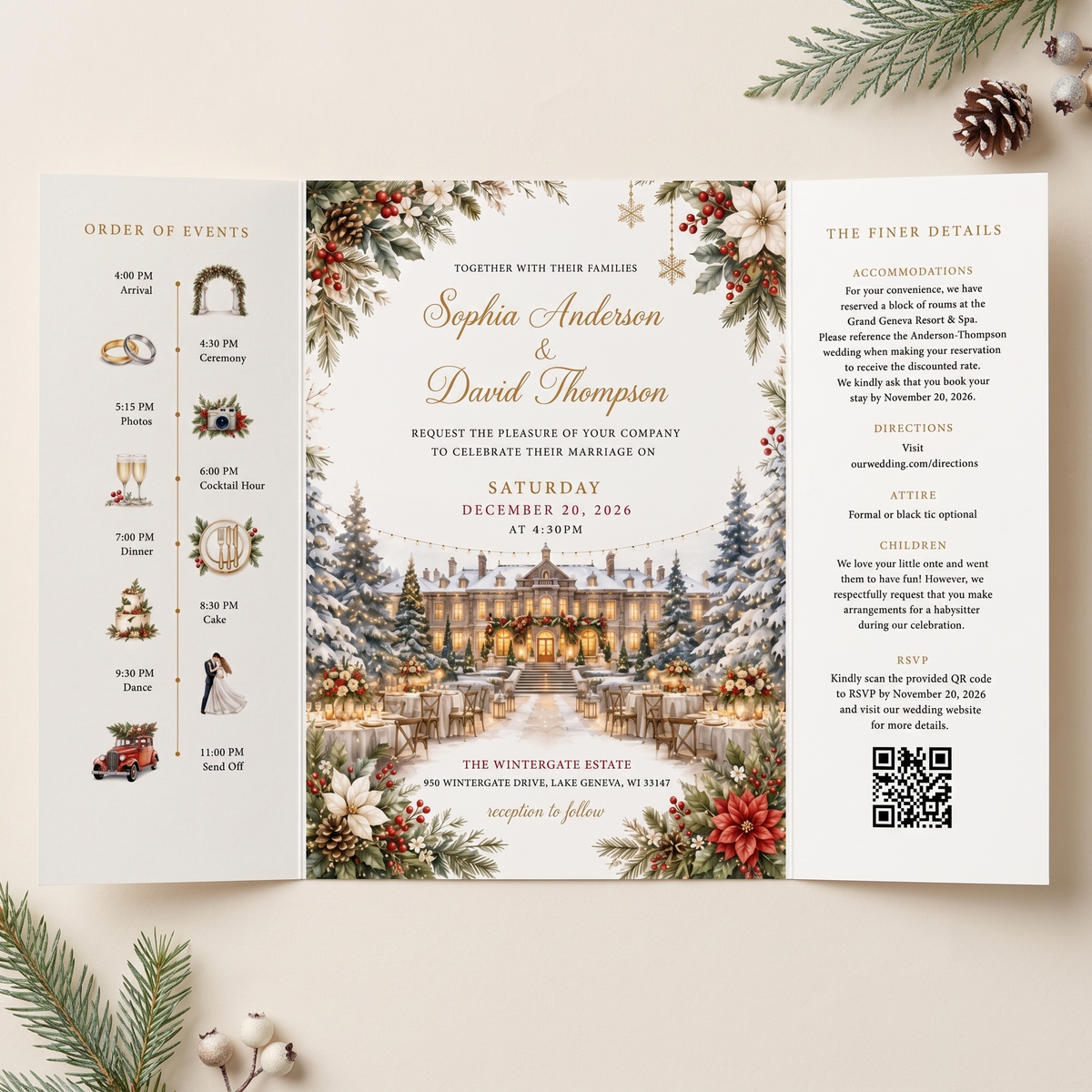 Christmas Wedding Invitations, Elegant Winter Wedding Invitation Suite, Personalized Holiday Wedding Invites, Snowy Estate Wedding Stationery