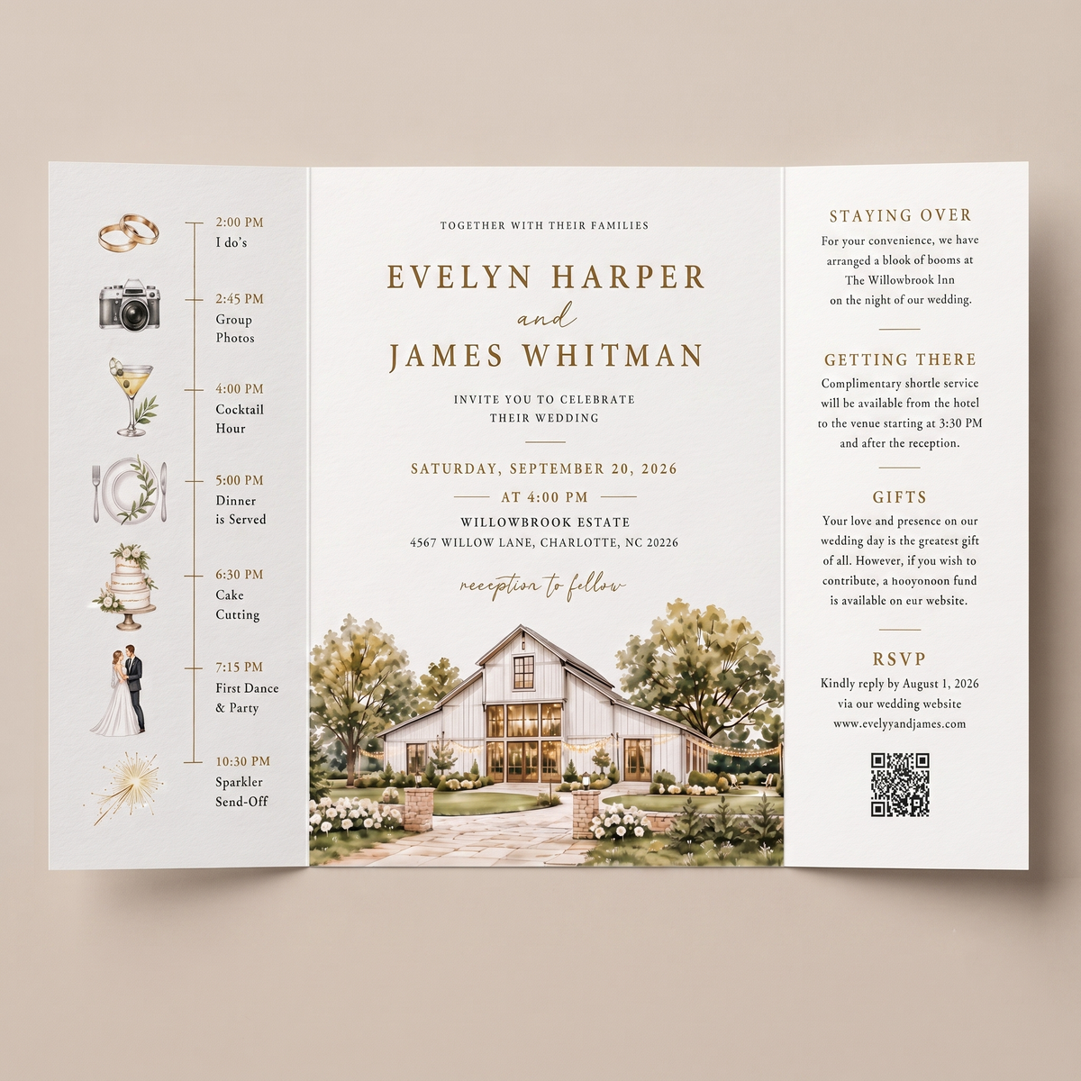 Personalized Rustic Barn Wedding Invitations, Watercolor Venue Illustration, Elegant Wedding Invitation Suite, Custom RSVP & Details Card