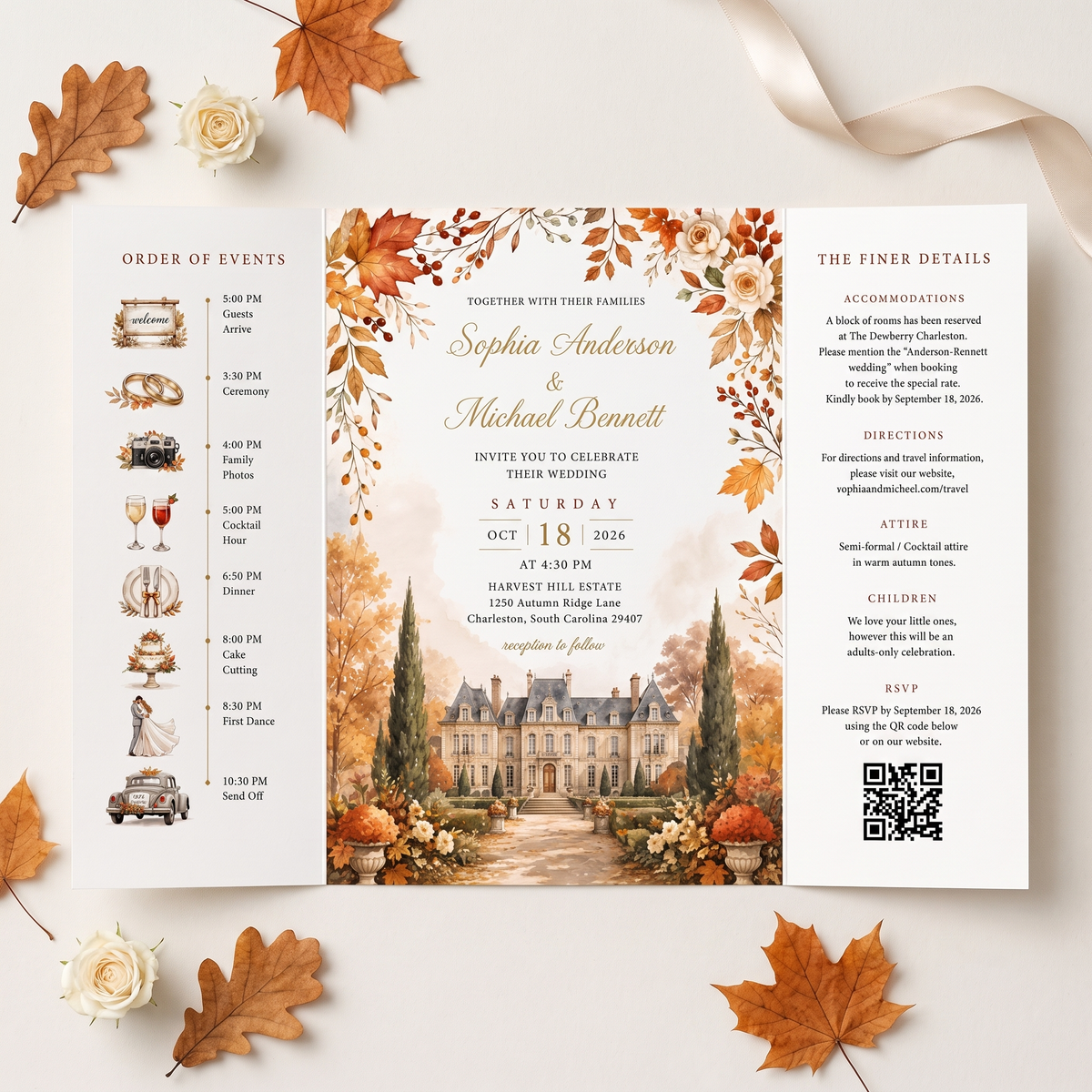 Personalized Fall Wedding Invitations, Autumn Chateau Wedding Invitation Suite, Custom Venue Illustration, RSVP QR Code, Elegant Floral Invite