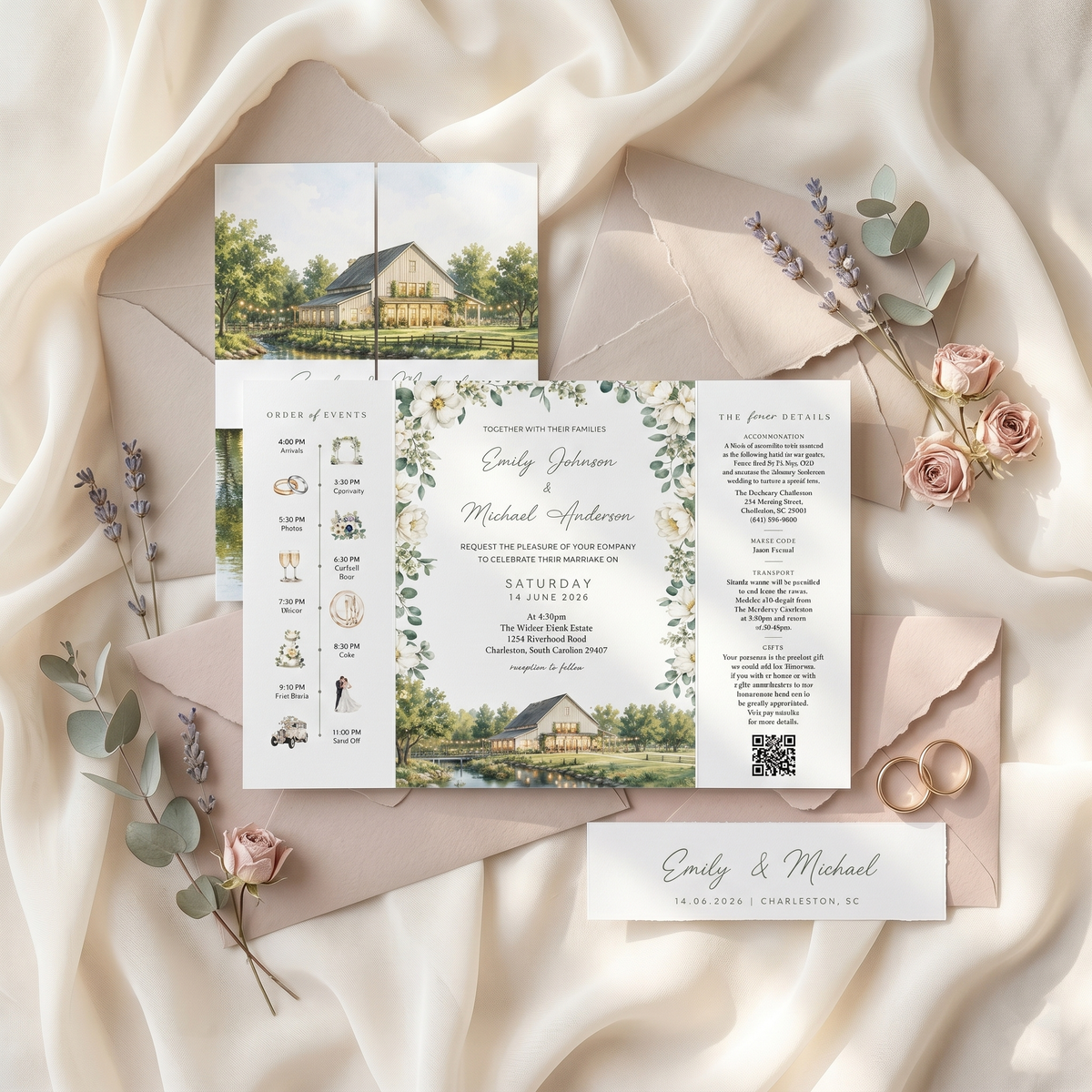 Custom Wedding Invitation Suite with Venue Illustration | Personalized Romantic Wedding Invitations & Details Card