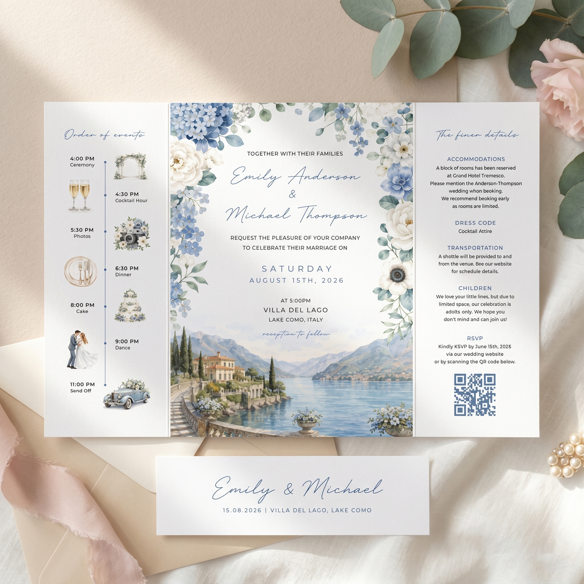 Personalized Mediterranean Wedding Invitation Suite | Elegant Floral Venue Invitations with Custom RSVP & QR Code
