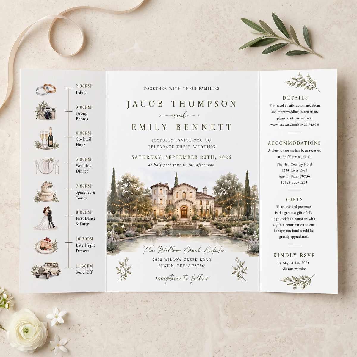 Personalized Mediterranean Wedding Invitations, Luxury Villa Wedding Invitation Suite, Watercolor Venue Illustration, Custom RSVP & Details Card