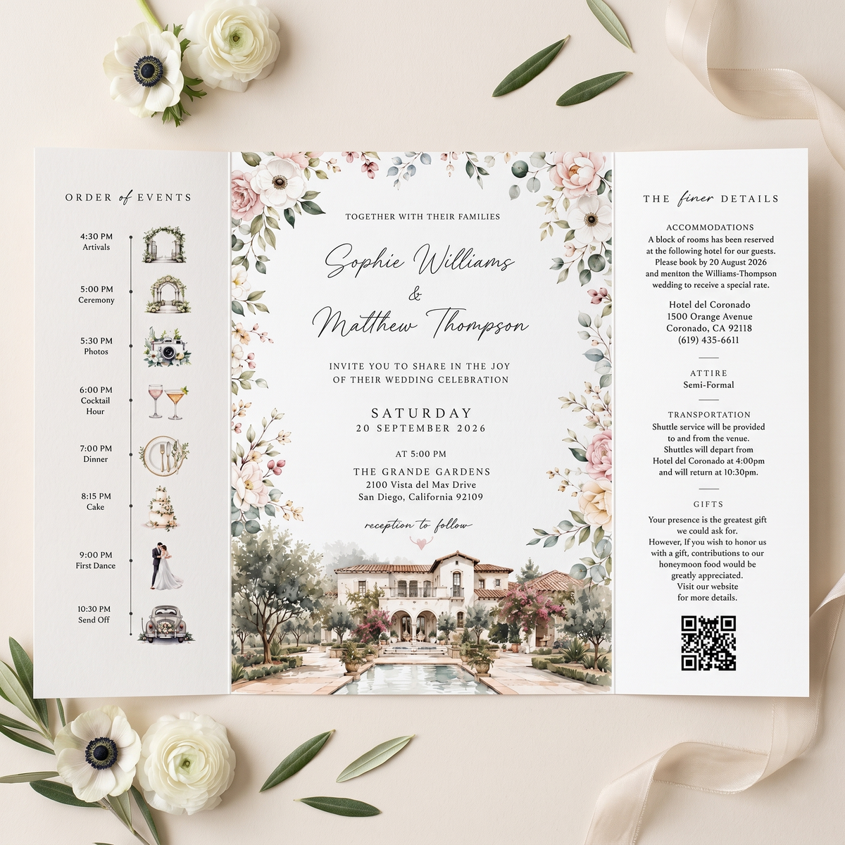 Custom Garden Wedding Invitations, Watercolor Venue Illustration, Floral Wedding Invitation Suite, Personalized Luxury Wedding Stationery
