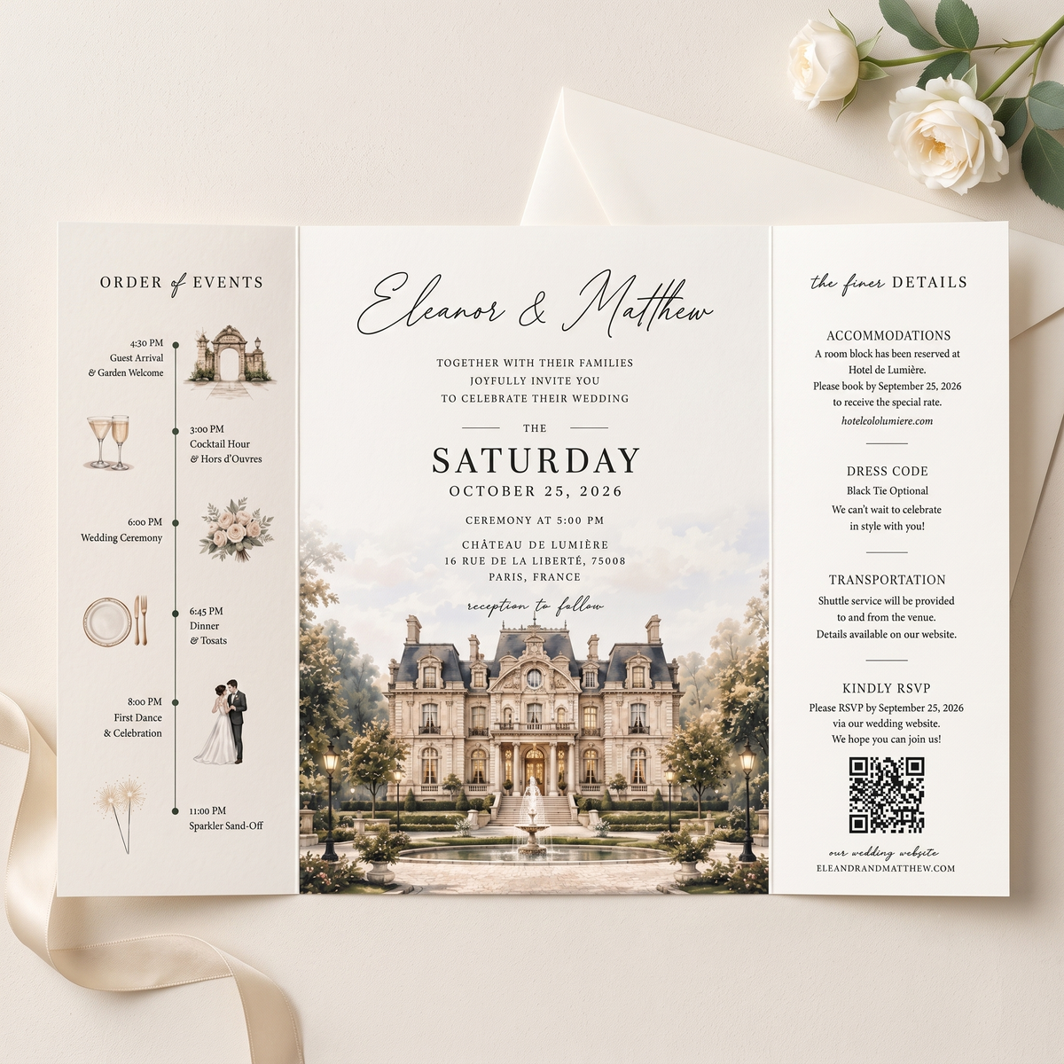 Personalized Château Wedding Invitation Suite, French Estate Wedding Invitations, Custom Venue Illustration, RSVP & QR Code