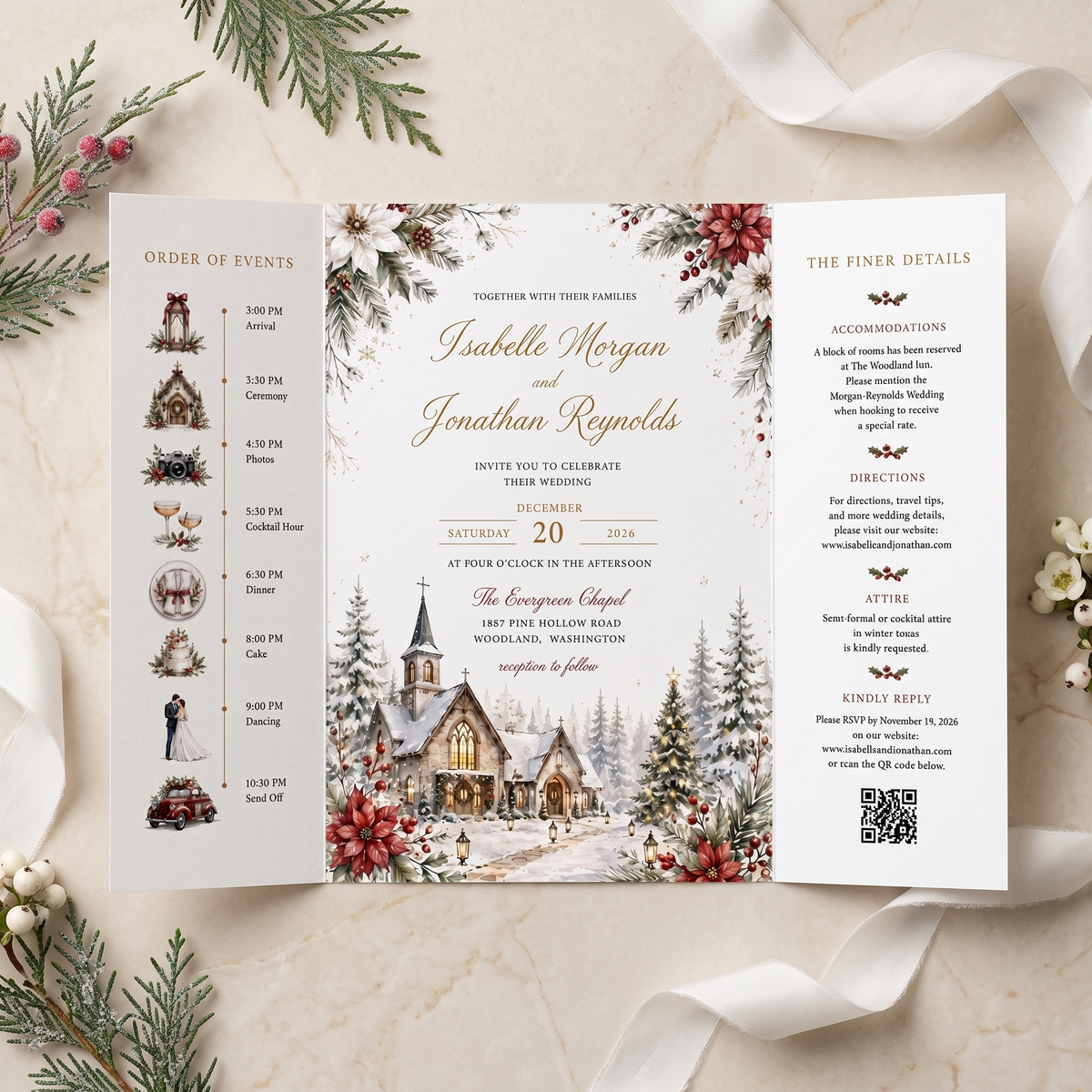 Custom Christmas Wedding Invitations, Winter Church Venue Illustration, Holiday Wedding Invitation Suite, Personalized Luxury Stationery