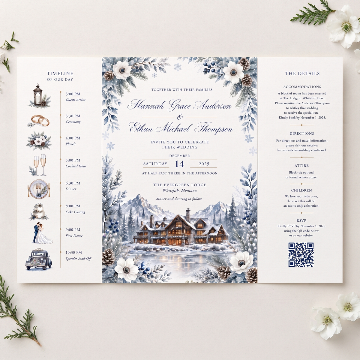 Winter Wedding Invitation Suite, Snowy Mountain Lodge Wedding, Christmas Wedding Invitations, Watercolor Pine Floral Invite, Personalized Wedding Stationery
