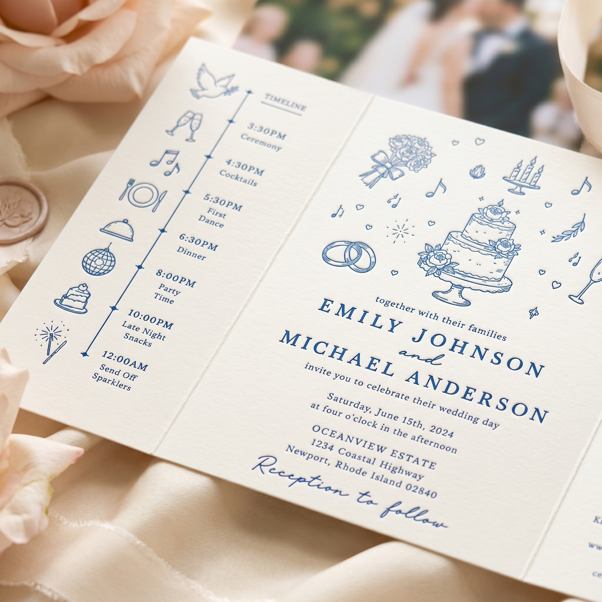 Personalized Blue Wedding Invitation Suite | Elegant Illustrated Wedding Invitations with Custom Details & RSVP