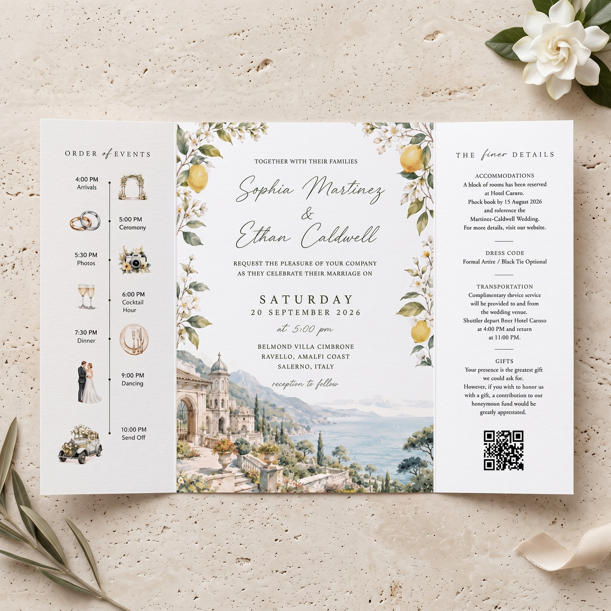 Amalfi Coast Lemon Wedding Invitations, Italian Riviera Destination Wedding Invitation Suite, Watercolor Villa Wedding Invite, Personalized
