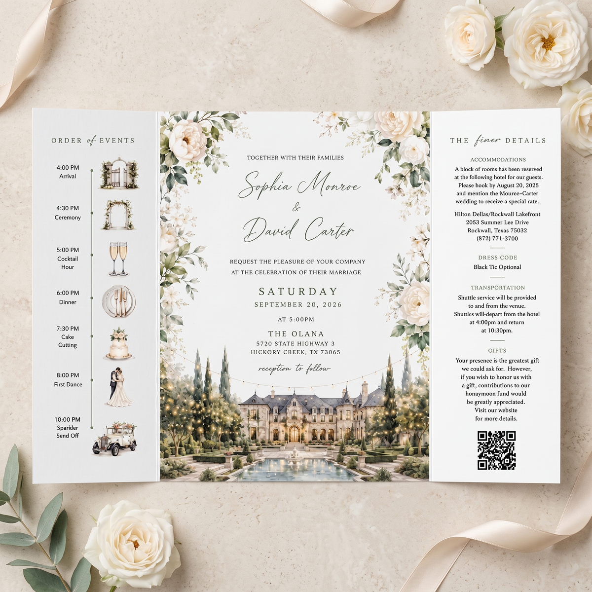 Custom Estate Wedding Invitations, Watercolor Venue Illustration, Elegant Floral Wedding Invitation Suite, Personalized Luxury Stationery