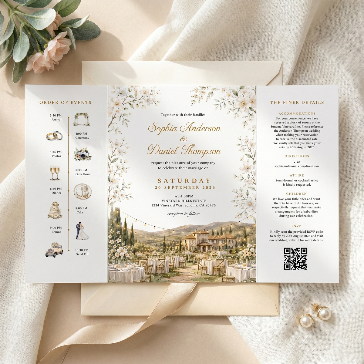 Personalized Wedding Invitation, Custom Watercolor Venue Illustration, Floral Wedding Invitation Suite