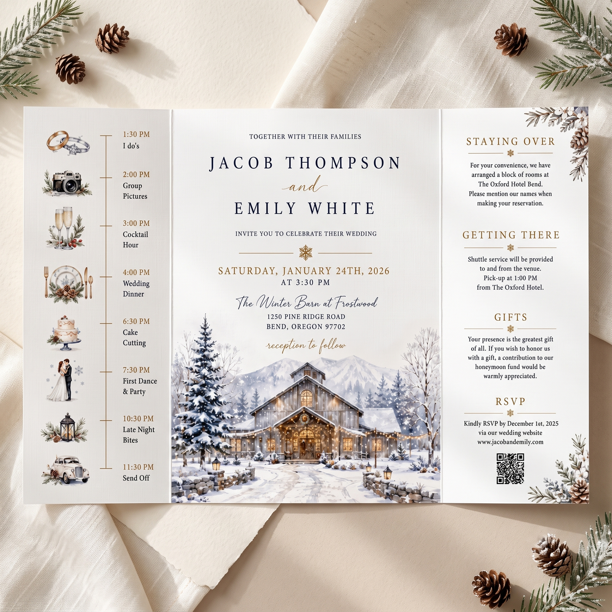 Custom Winter Wedding Invitations, Snowy Mountain Venue Illustration, Personalized Winter Wedding Invitation Suite, Luxury Stationery