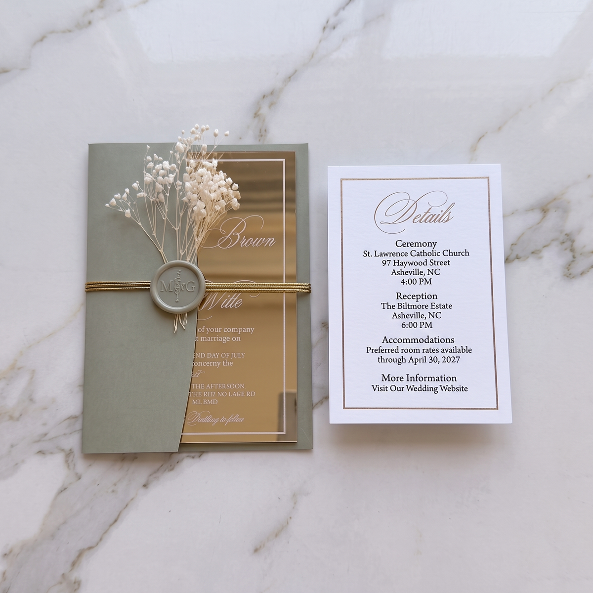Luxury Gold Mirror Acrylic Wedding Invitations Suite, Sage Green Wedding Invites, Personalized RSVP & Details Cards, Quinceanera Invitation Set