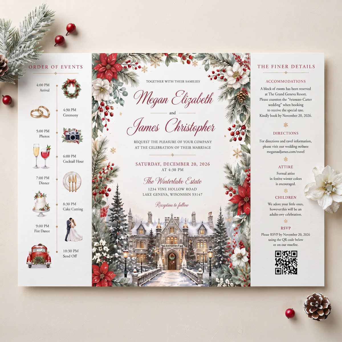 Winter Wedding Invitations, Elegant Christmas Wedding Invitation Suite, Watercolor Winter Castle, Personalized Holiday Wedding Invites