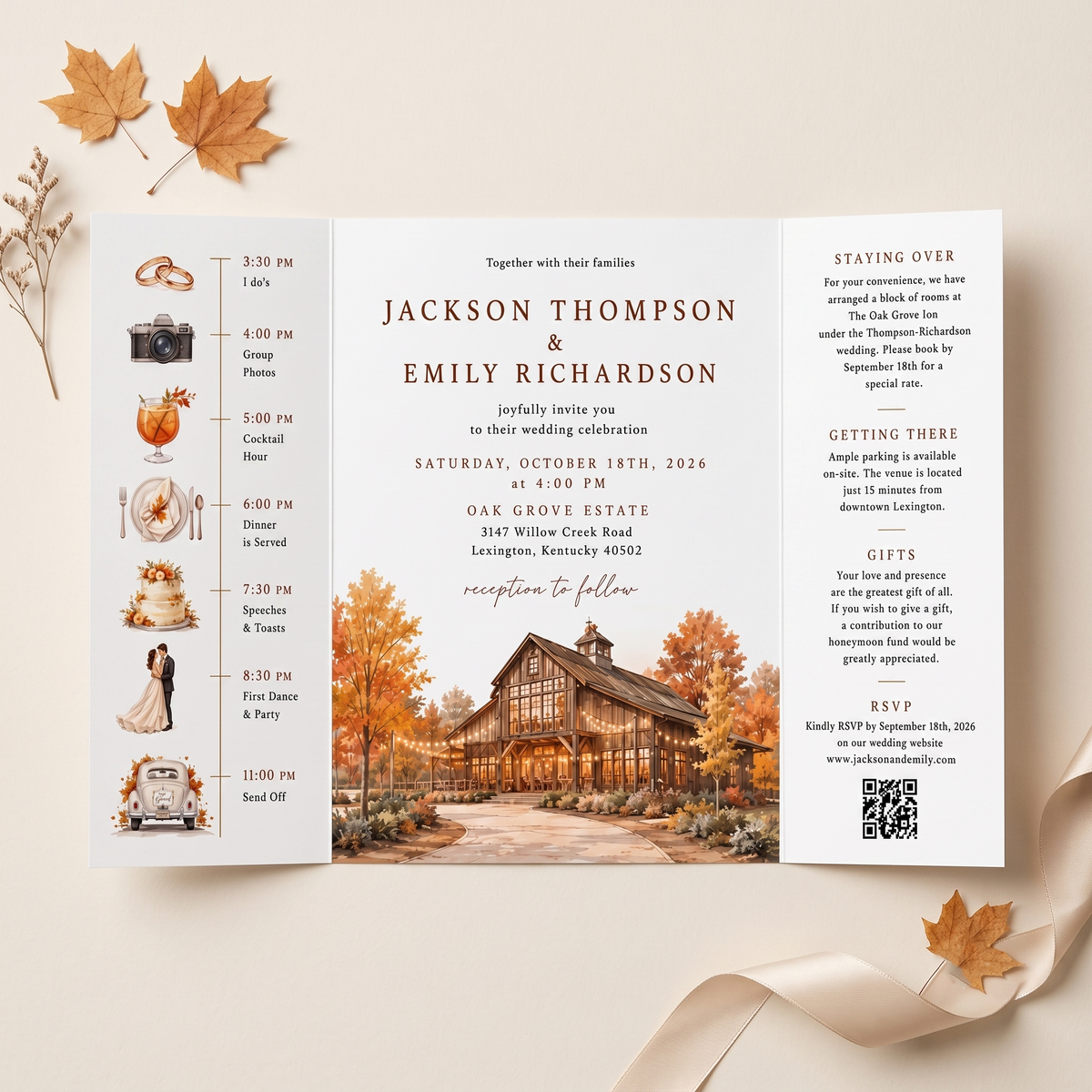 Custom Autumn Wedding Invitations, Watercolor Venue Illustration, Fall Wedding Invitation Suite, Personalized Luxury Wedding Stationery