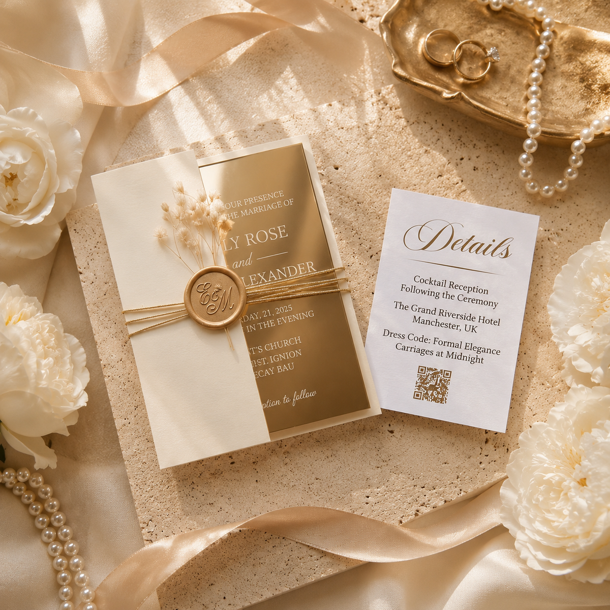 Gold Mirror Acrylic Wedding Invitation Suite, Personalized Wedding Invitations with RSVP QR Code, Luxury Gold Wedding Stationery, Details & RSVP Cards