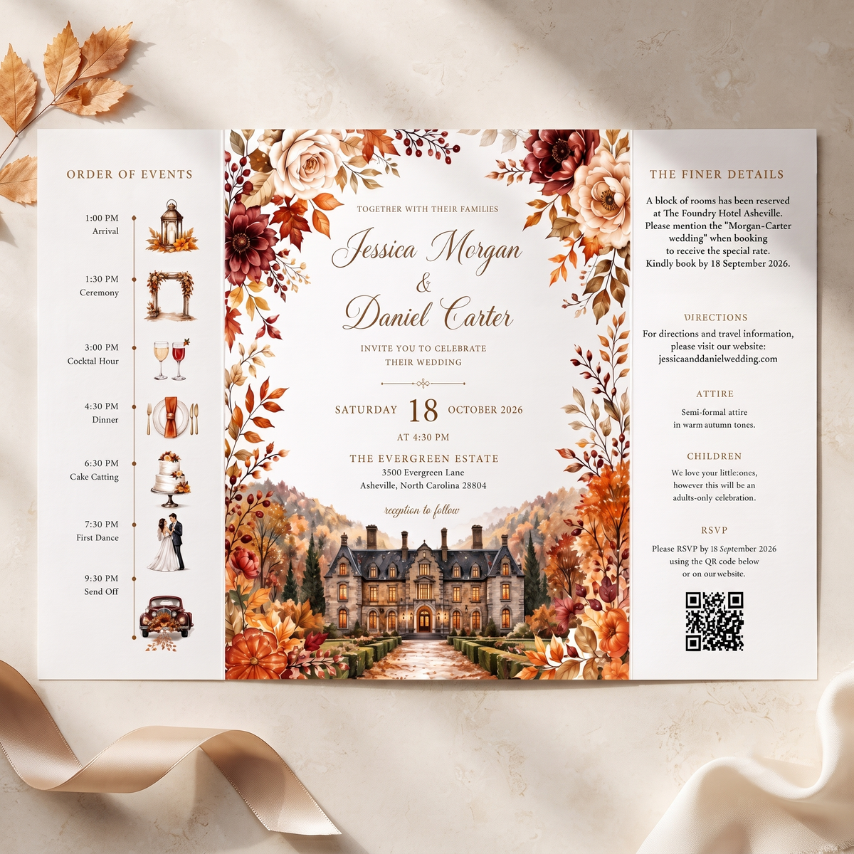 Autumn Wedding Invitation Suite, Fall Wedding Invitation, Watercolor Estate Venue, Floral Wedding Invite, Personalized Wedding Stationery
