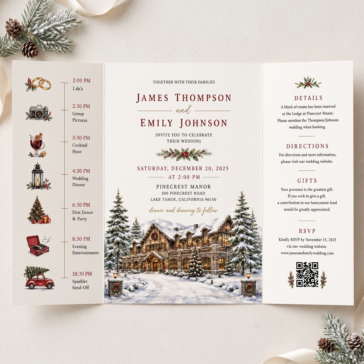 Custom Winter Wedding Invitations, Snowy Venue Illustration, Christmas Wedding Invitation Suite, Personalized Luxury Wedding Stationery