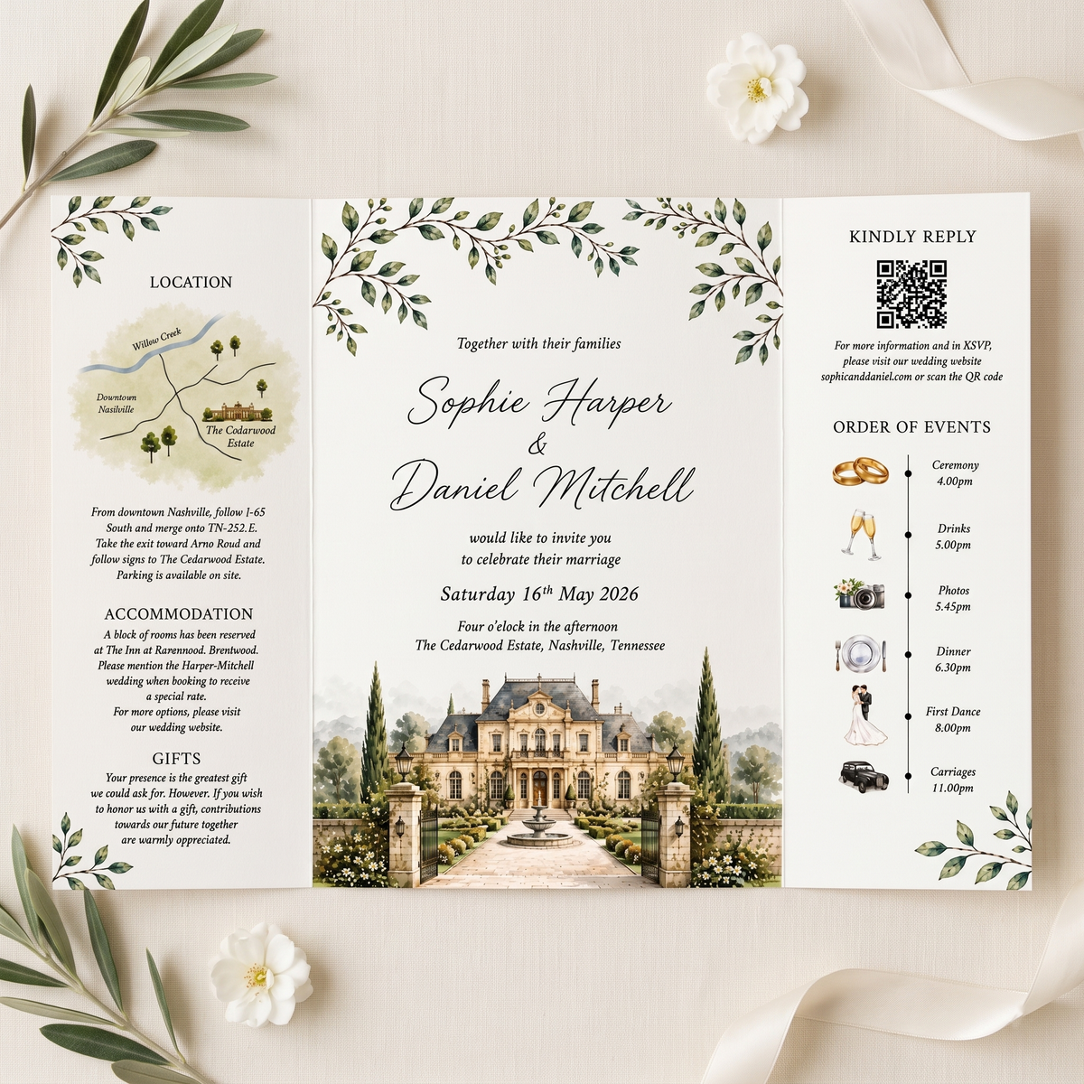 Personalized Estate Wedding Invitation, Custom Venue Watercolor Wedding Suite, Luxury Garden Wedding Invitations