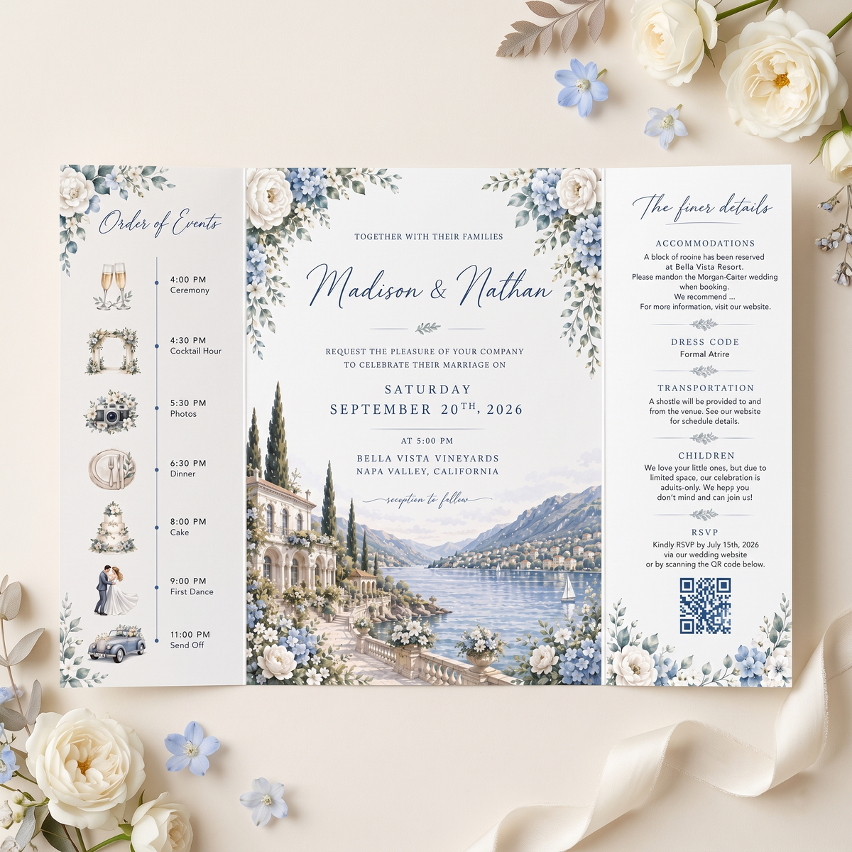 Luxury Blue Floral Wedding Invitation Suite, Personalized Destination Wedding Invitations, Custom Lake Wedding Stationery