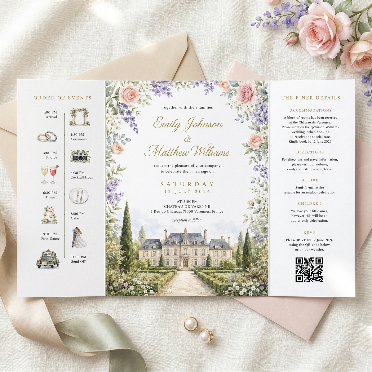 Personalized Wedding Invitation, Custom Watercolor Wedding Venue Illustration, Luxury Floral Wedding Invitation Suite