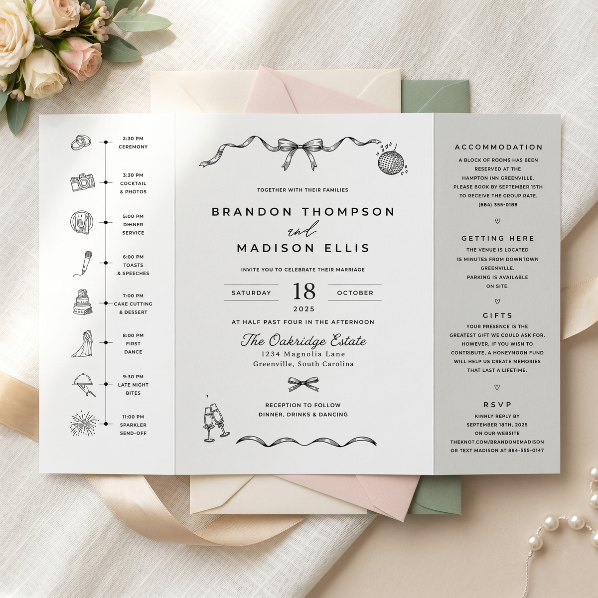 Personalized Monogram Wedding Invitation, Elegant Bow Wedding Invitation Suite, Black and White Custom Wedding Stationery