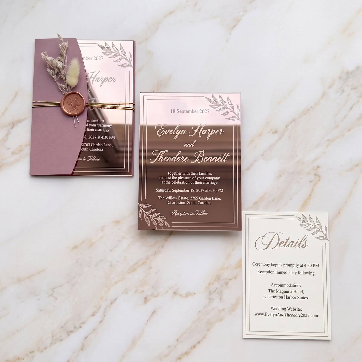 Luxury Rose Gold Mirror Acrylic Wedding Invitation Suite, Personalized Wedding Invite with Burgundy Envelope, RSVP & Details Cards