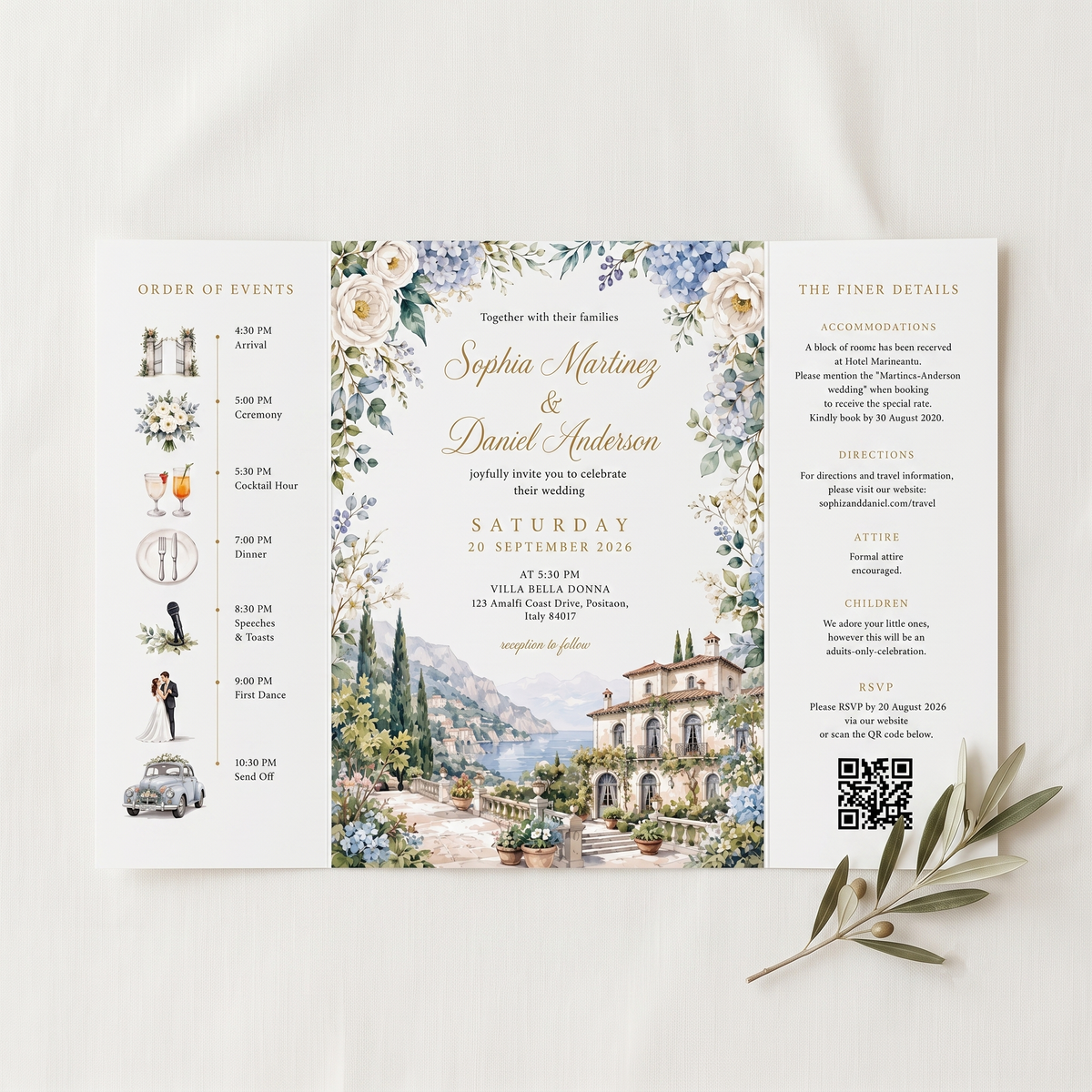 Watercolor Italian Wedding Invitations, Personalized Venue, Luxury Floral Wedding Invitation Suite