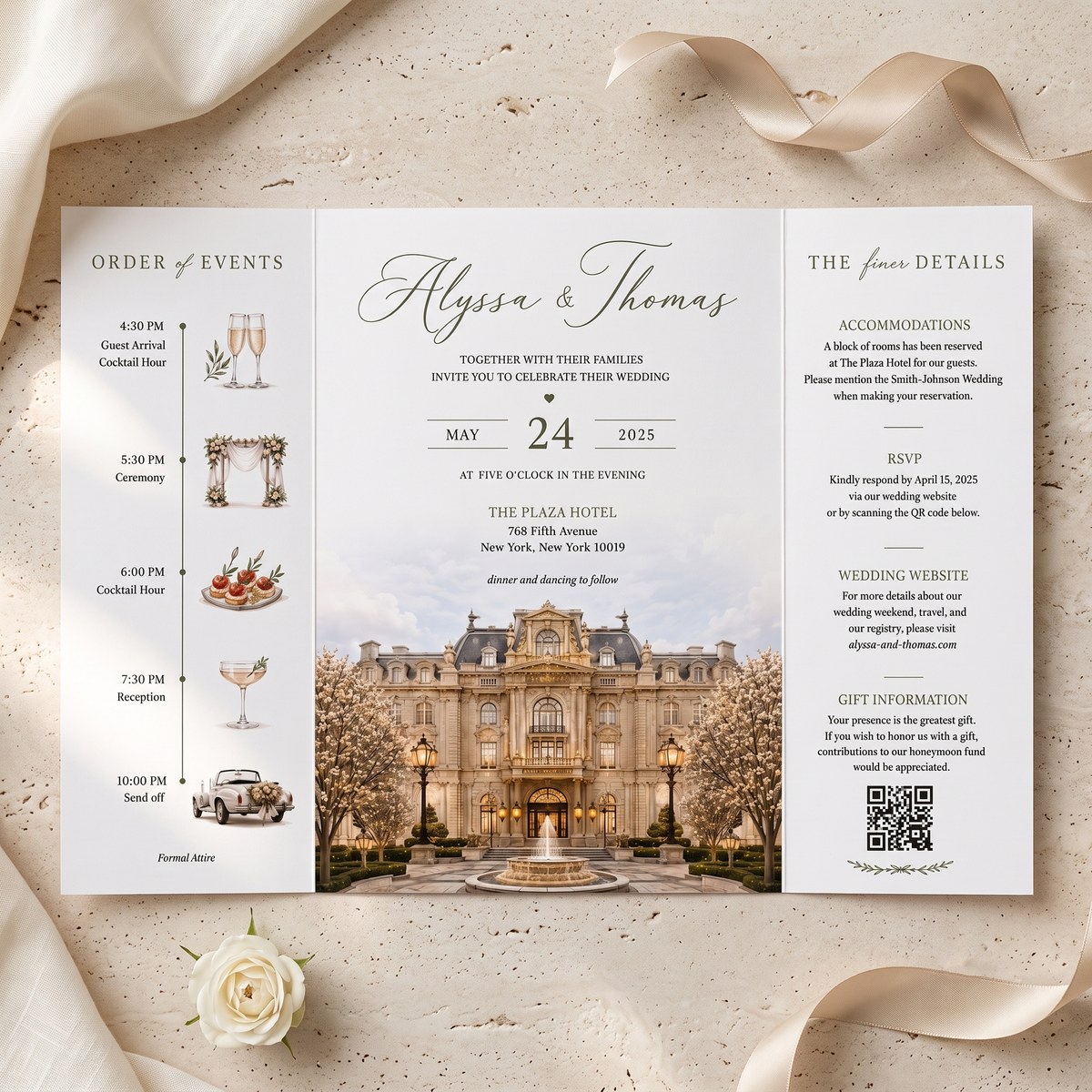 Personalized Luxury Wedding Invitation Suite | Custom Wedding Venue Illustration, Elegant RSVP & QR Code
