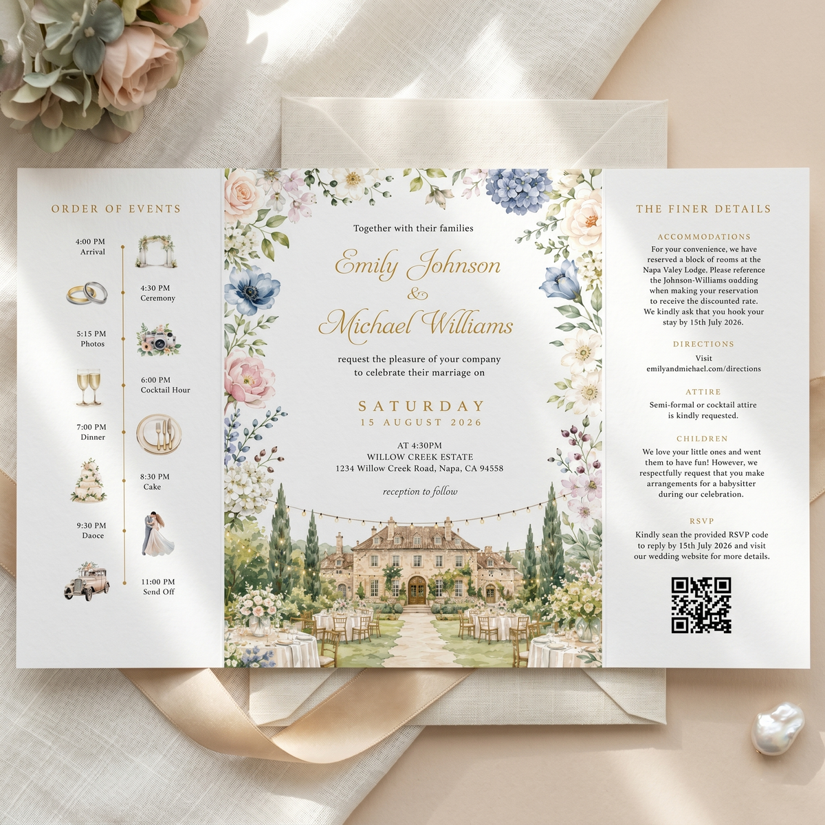 Personalized Wedding Invitation, Custom Watercolor Venue Illustration, Luxury Floral Wedding Invitation Suite
