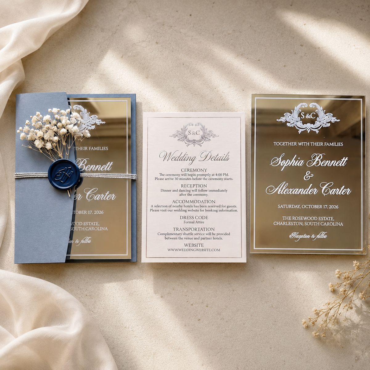 Elegant Silver Mirror Acrylic Wedding Invitation, Personalized Wedding Invite with Dusty Blue Envelope, RSVP QR Card & Details Card