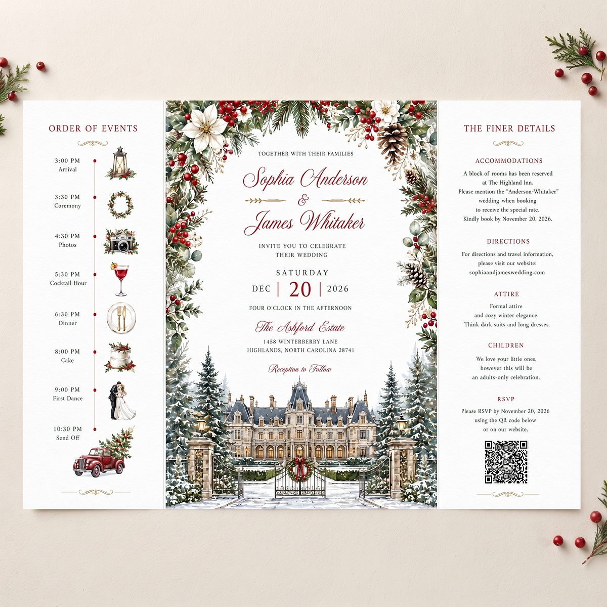 Christmas Wedding Invitation Suite, Winter Wedding Invitations, Snowy Chateau Wedding, Holiday Floral Wedding Invite, Personalized Wedding Stationery