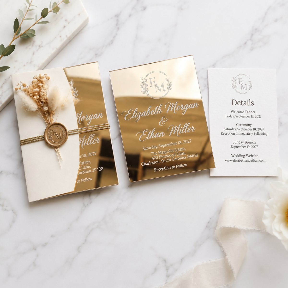 Luxury Gold Mirror Acrylic Wedding Invitation Suite, Personalized Wedding Invite with Cream Envelope, RSVP Card & Details Card