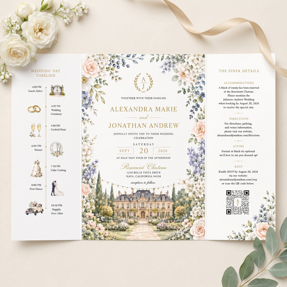 Personalized Chateau Wedding Invitations, Elegant Floral Wedding Invitation Suite, Custom Venue Illustration, RSVP QR Code