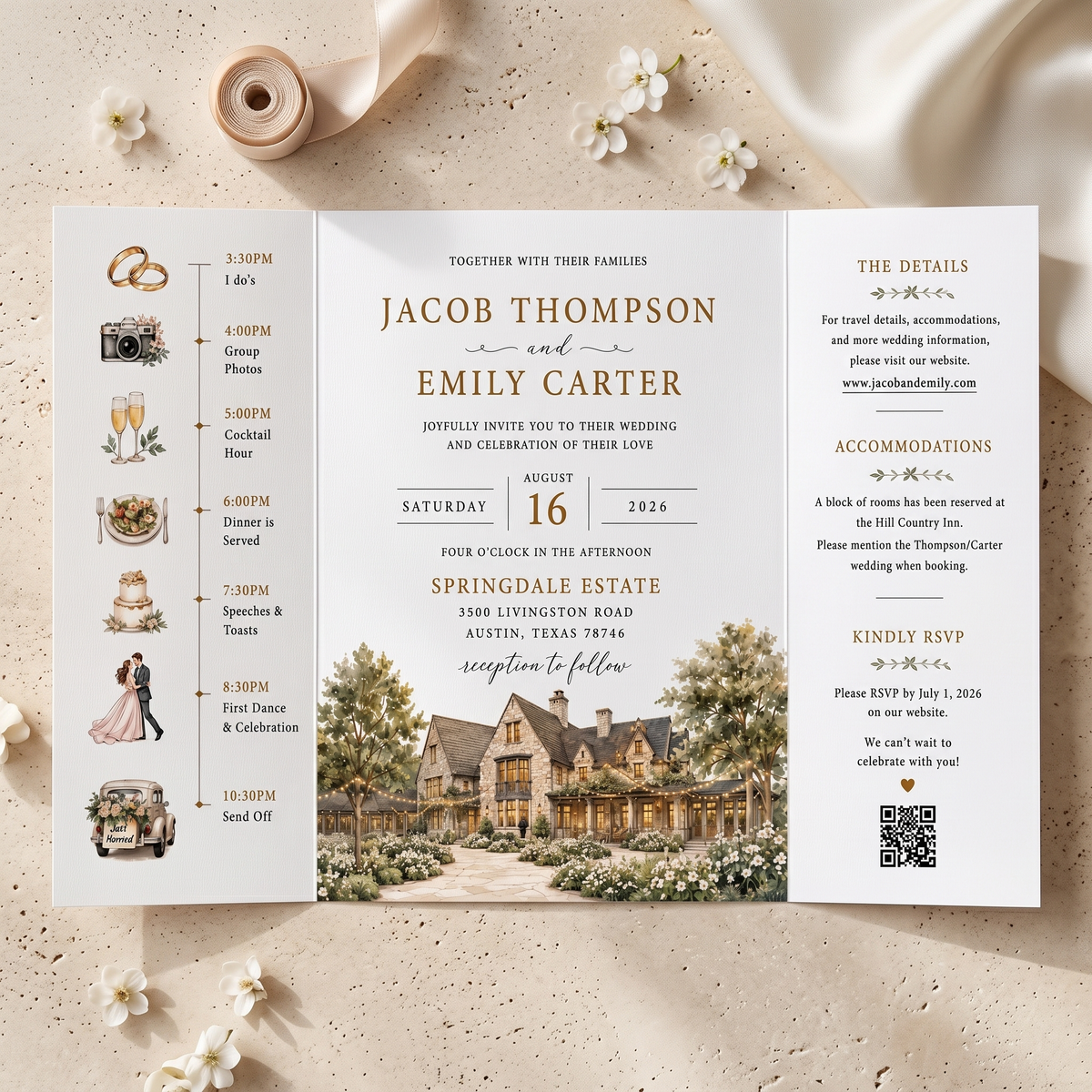 Custom Watercolor Wedding Invitations, Personalized Venue Illustration, Elegant Estate Wedding Invitation Suite, Luxury Wedding Invites
