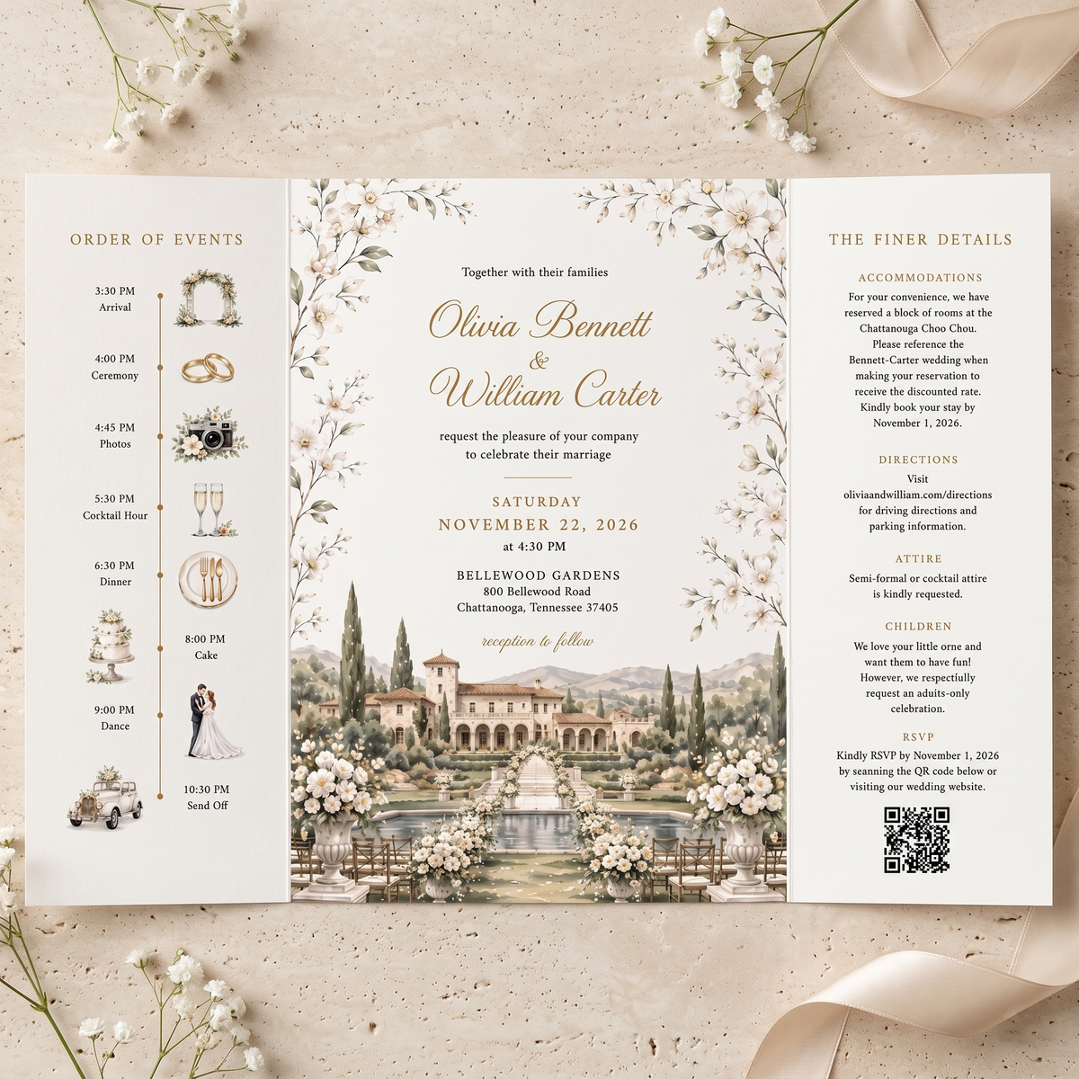 Custom Garden Wedding Invitations, Watercolor Venue Illustration, Elegant Floral Wedding Invitation Suite, Personalized Luxury Stationery