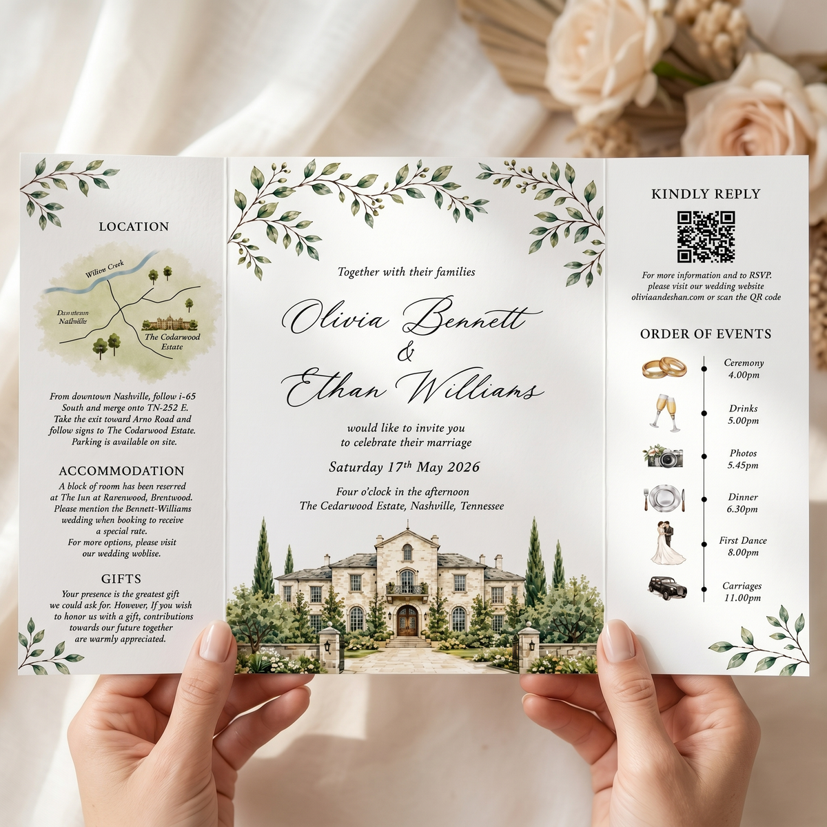 Personalized Wedding Invitation, Watercolor Venue Illustration, Folded Wedding Invitation with RSVP QR Code, Custom Venue Wedding Suite