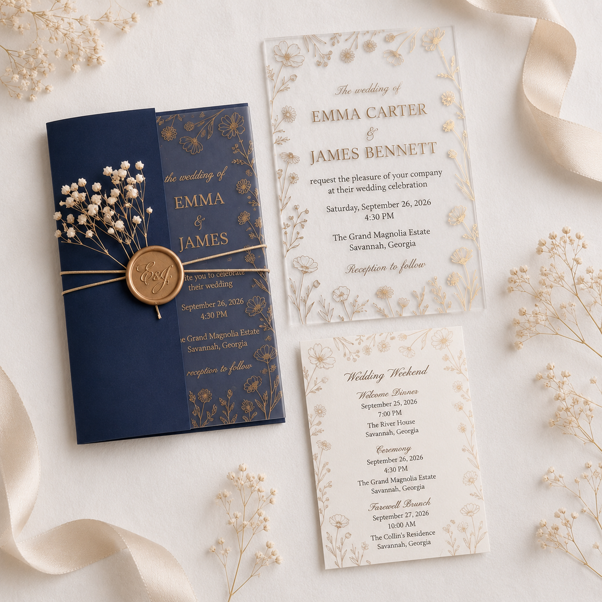 Luxury Clear Acrylic Wedding Invitation Suite, Personalized Gold Floral Wedding Invite with Navy Blue Envelope, RSVP & QR Code Card