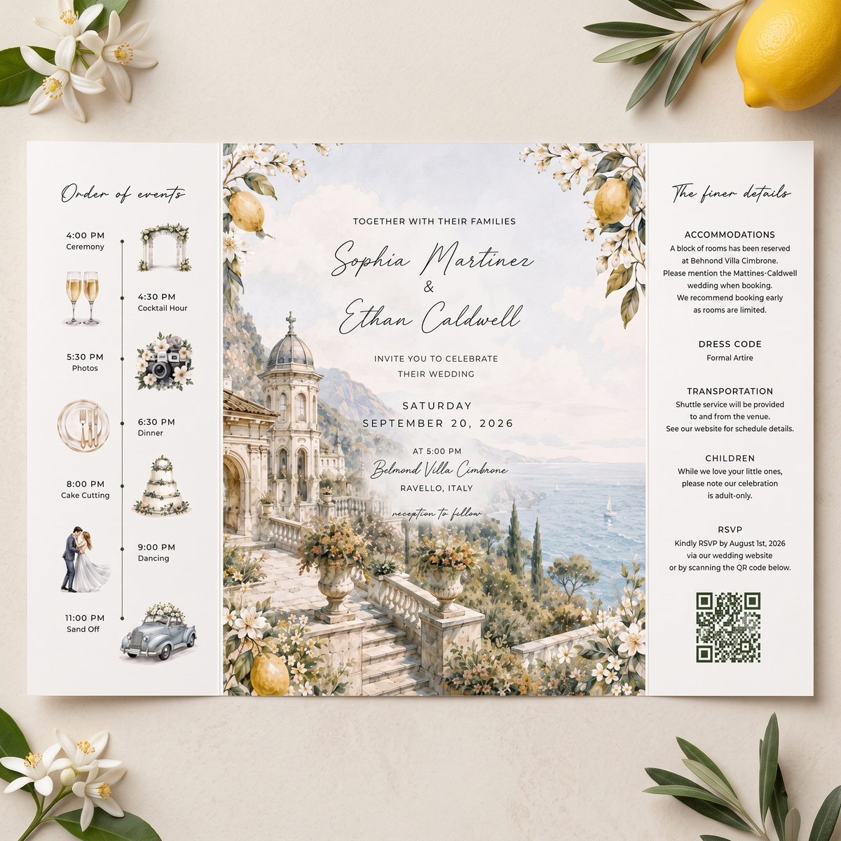 Amalfi Coast Lemon Wedding Invitation Suite, Italy Wedding Invitations, Personalized Destination Wedding Invite