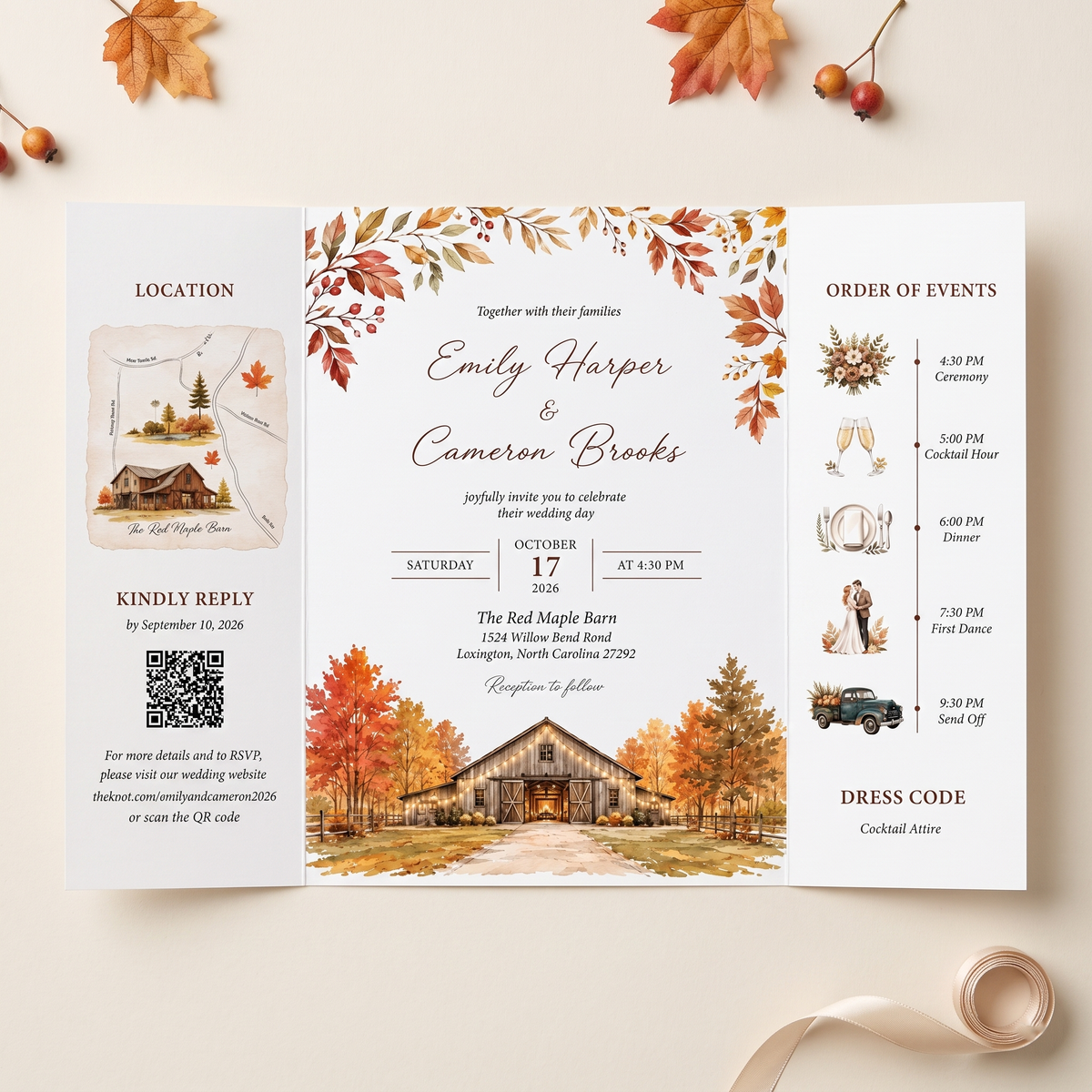 Custom Fall Wedding Invitation Suite, Personalized Barn Venue Watercolor Invitations, Rustic Autumn Wedding Stationery