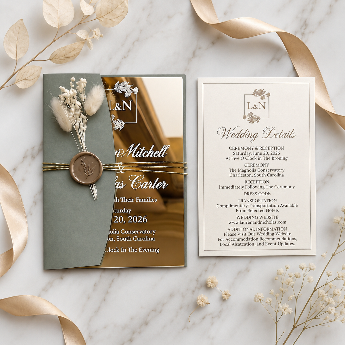 Luxury Gold Acrylic Wedding Invitation, Personalized Wedding Invite with Sage Green Envelope, QR RSVP Card & Wedding Details Card