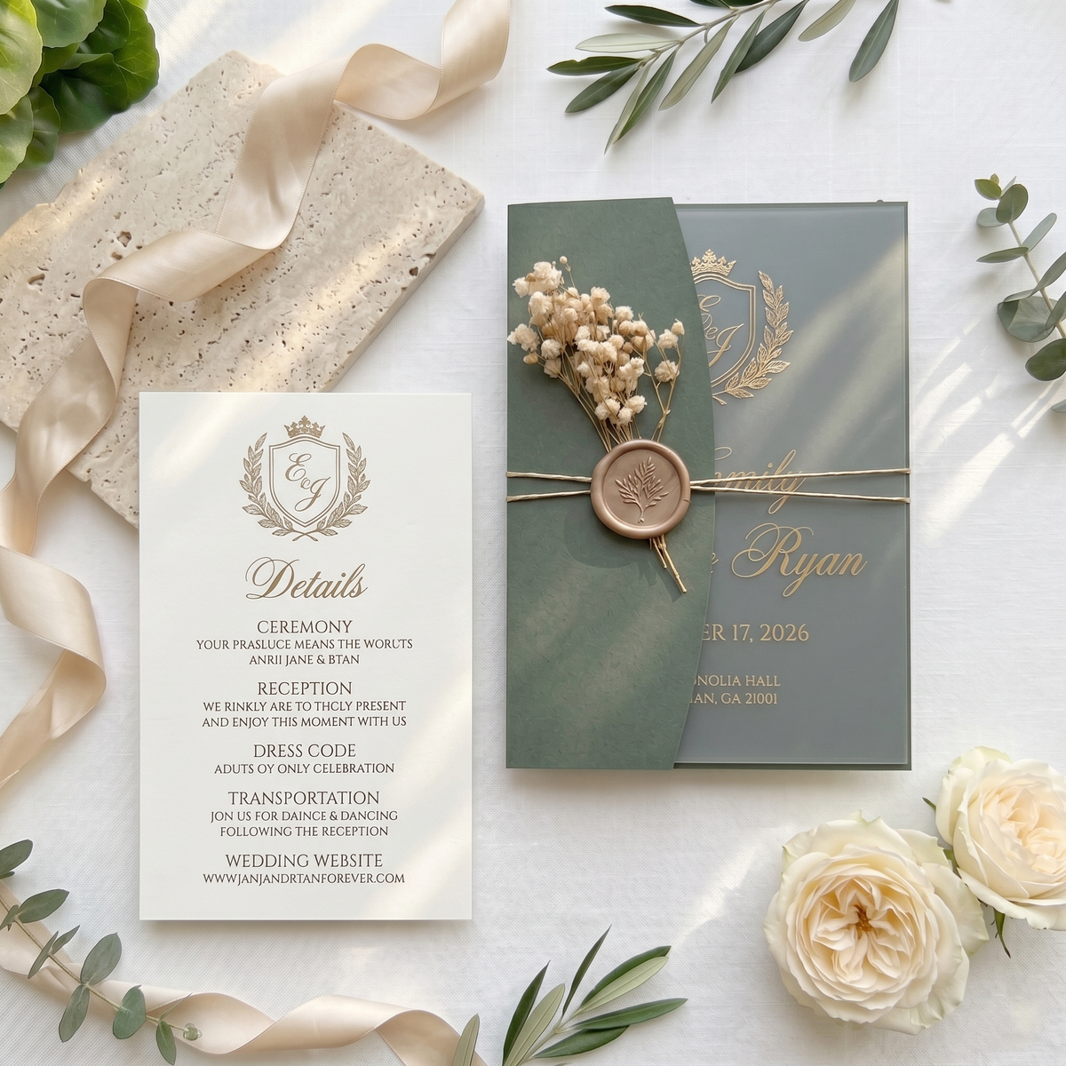 Minimalist Frosted Acrylic Wedding Invitation, Modern Custom Wedding Invite with QR RSVP, Wax Seal & Envelope, Elegant Green Wedding Stationer