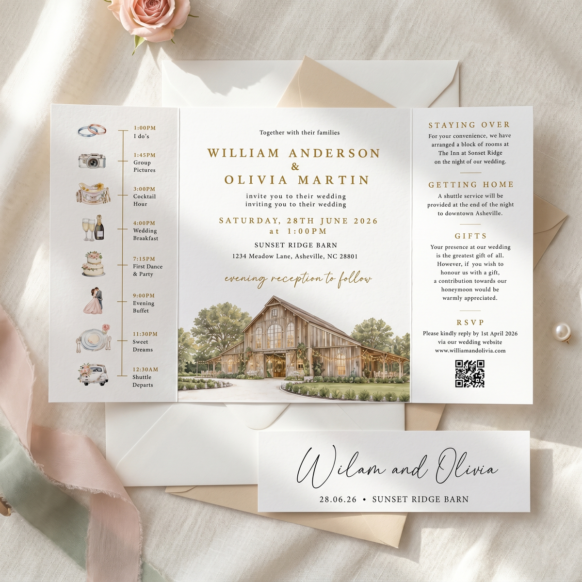 Personalized Wedding Invitation with Custom Venue Illustration | Rustic Wedding Invitation Suite