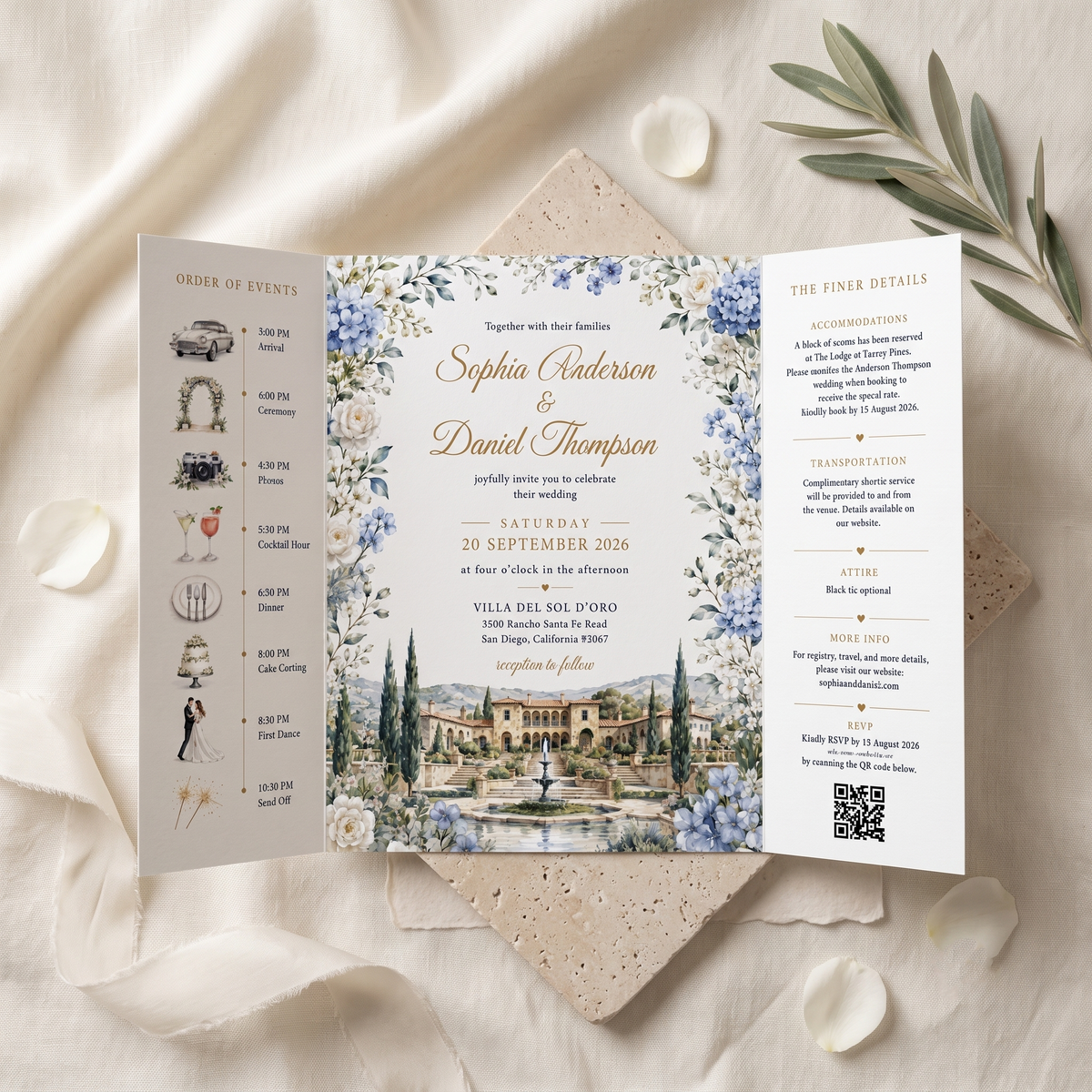 Personalized Villa Wedding Invitation Suite | Luxury Floral Wedding Invitations with Custom Venue Illustration & RSVP