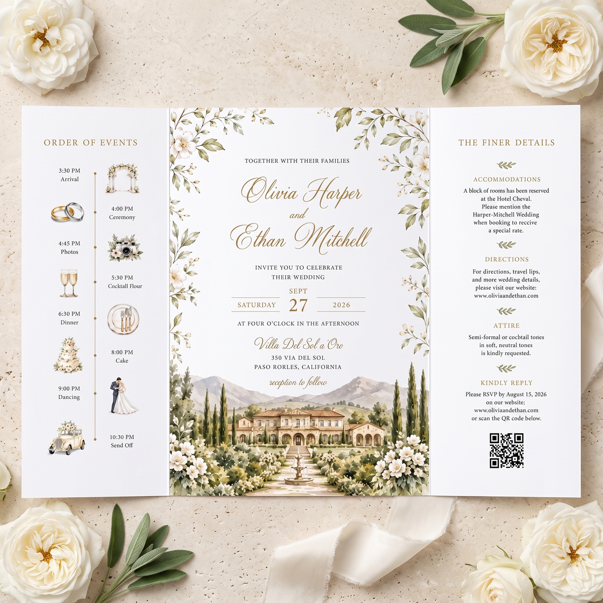 Custom Italian Villa Wedding Invitations, Watercolor Venue Illustration, Elegant Floral Wedding Invitation Suite, Luxury Personalized Stationery