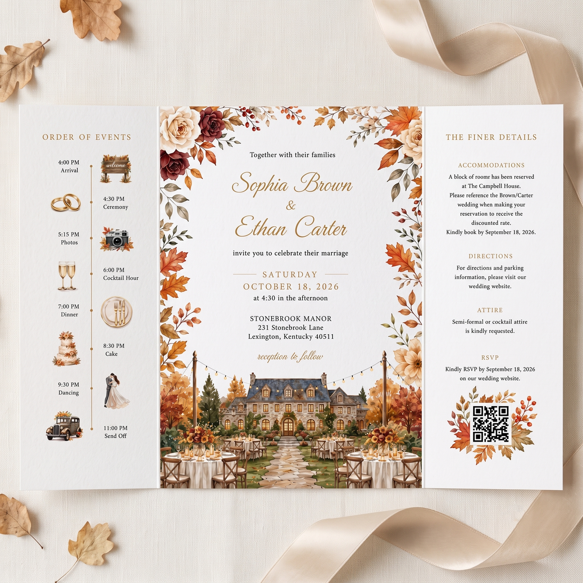Fall Wedding Invitations, Rustic Autumn Wedding Invitation Suite, Personalized Floral Wedding Invites, Elegant Pumpkin Wedding Stationery