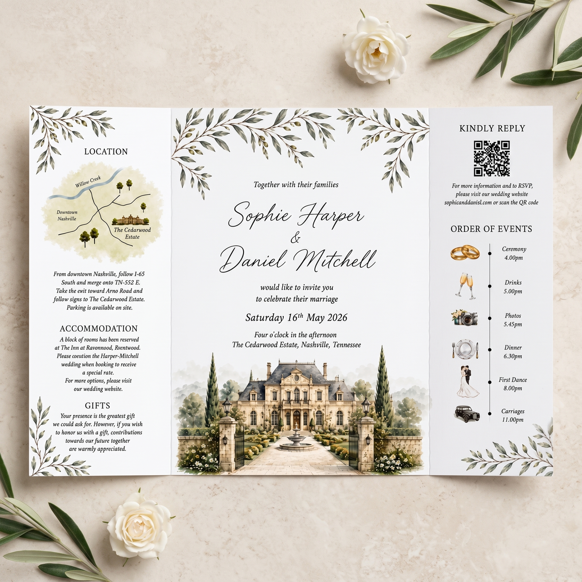 Custom Watercolor Wedding Invitations, Personalized Estate Venue Wedding Suite, Luxury Botanical Garden Wedding Stationery