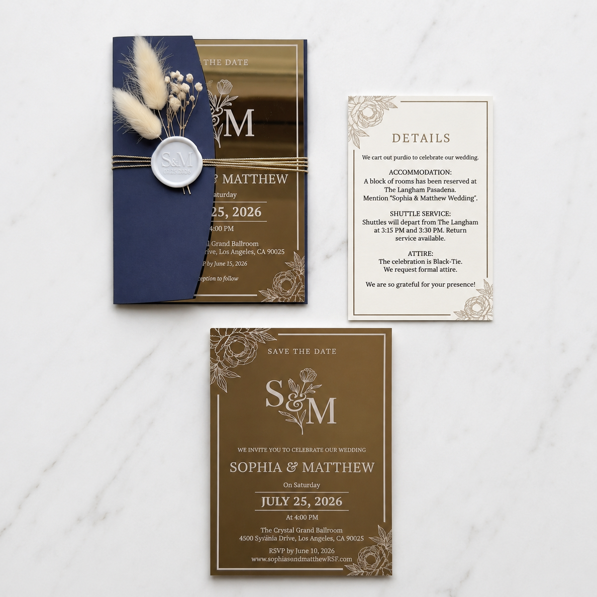 2mm Gold Mirror Acrylic Wedding Invitation Suite, Elegant Personalized Wedding Invite with Navy Blue Envelope, RSVP & QR Code Card